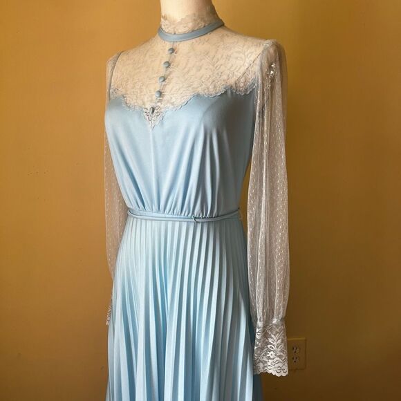Vintage 70s Blue Lace Long Sleeve Nightgown Hostess Dress Victorian Small - Picture 11 of 12